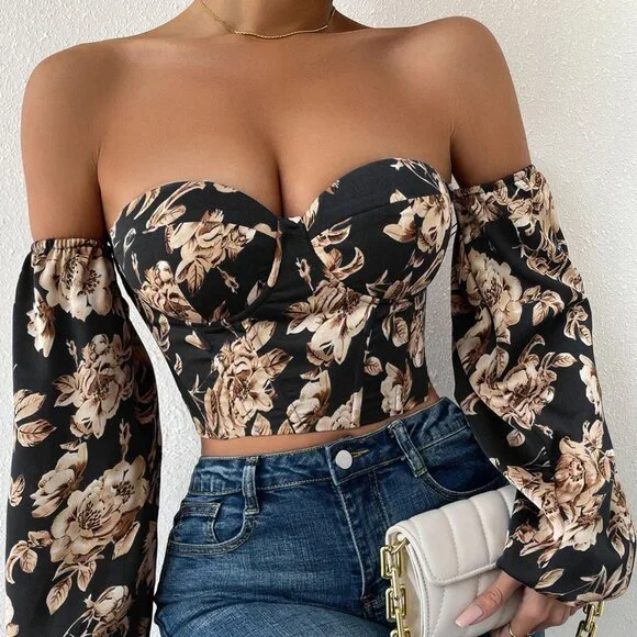 Multicolor Boho Women's Off Shoulder Floral Print Lantern Sleeve Crop Top - Picture 3 of 6